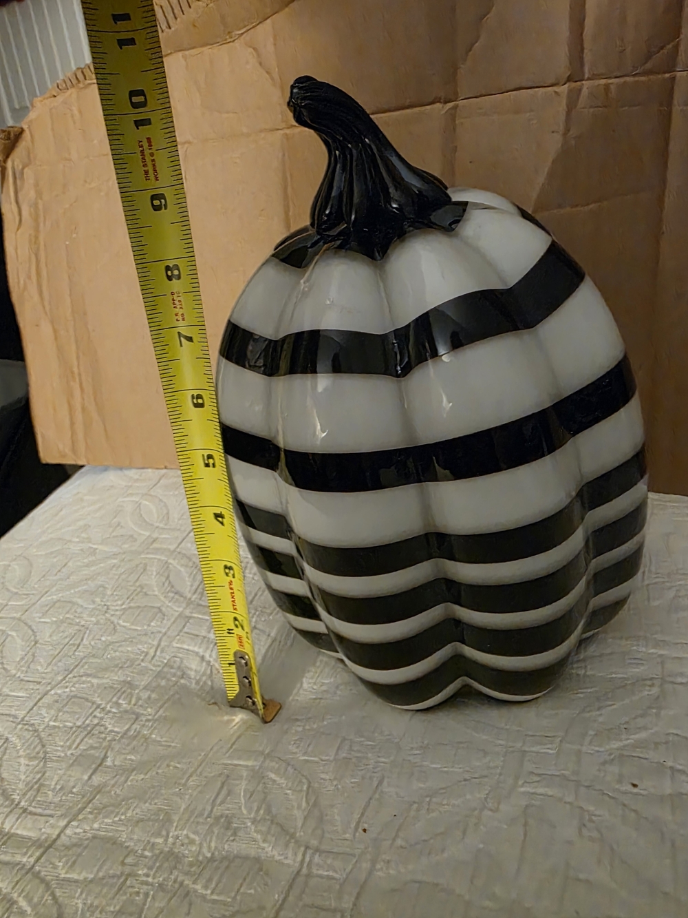 HAND BLOWN GLASS BLACK AND WHITE STRIPPED PUMPKIN DECOR